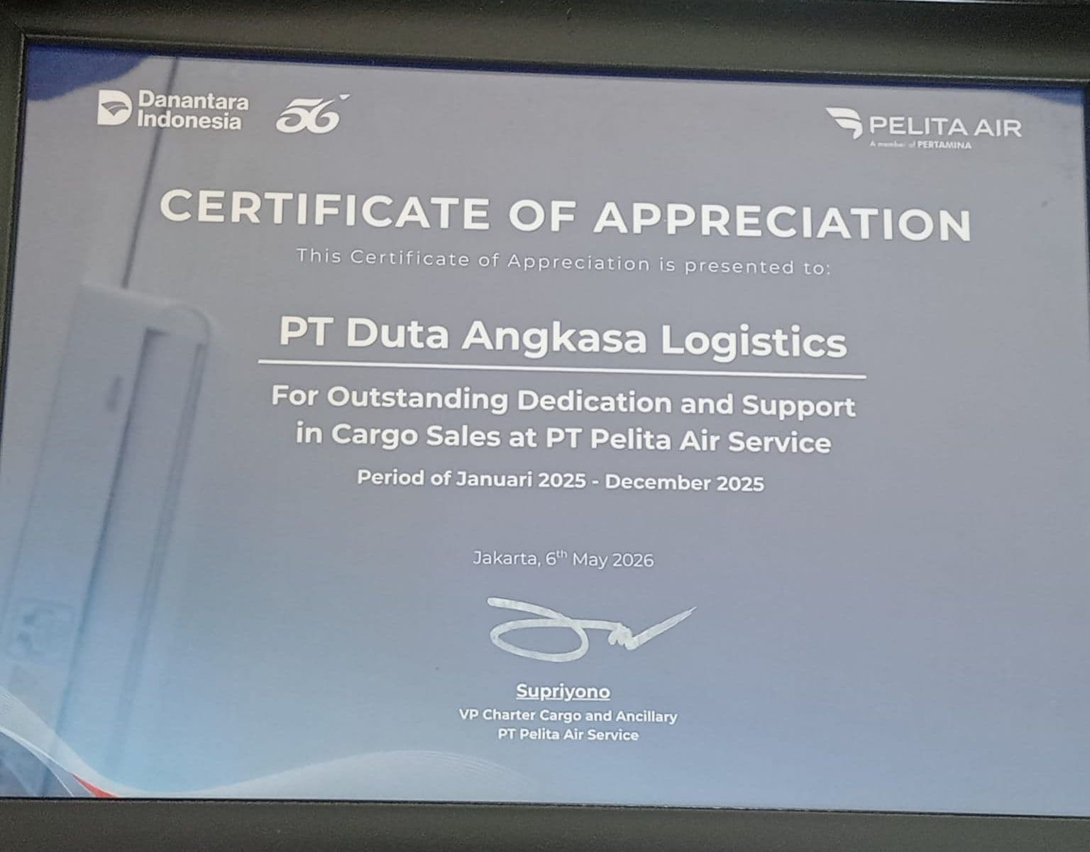 Certificate of Appreciation – PT Pelita Air Service